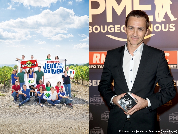 photo de groupe des salariés de l'entreprise Bioviva et portrait de son fondateur, Jean-Thierry Winstel