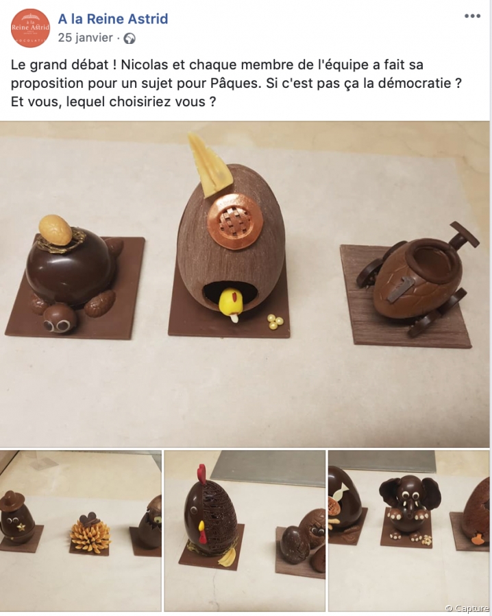 La chocolaterie A La Reine Astrid demande conseil concernant ses créations de Pâques