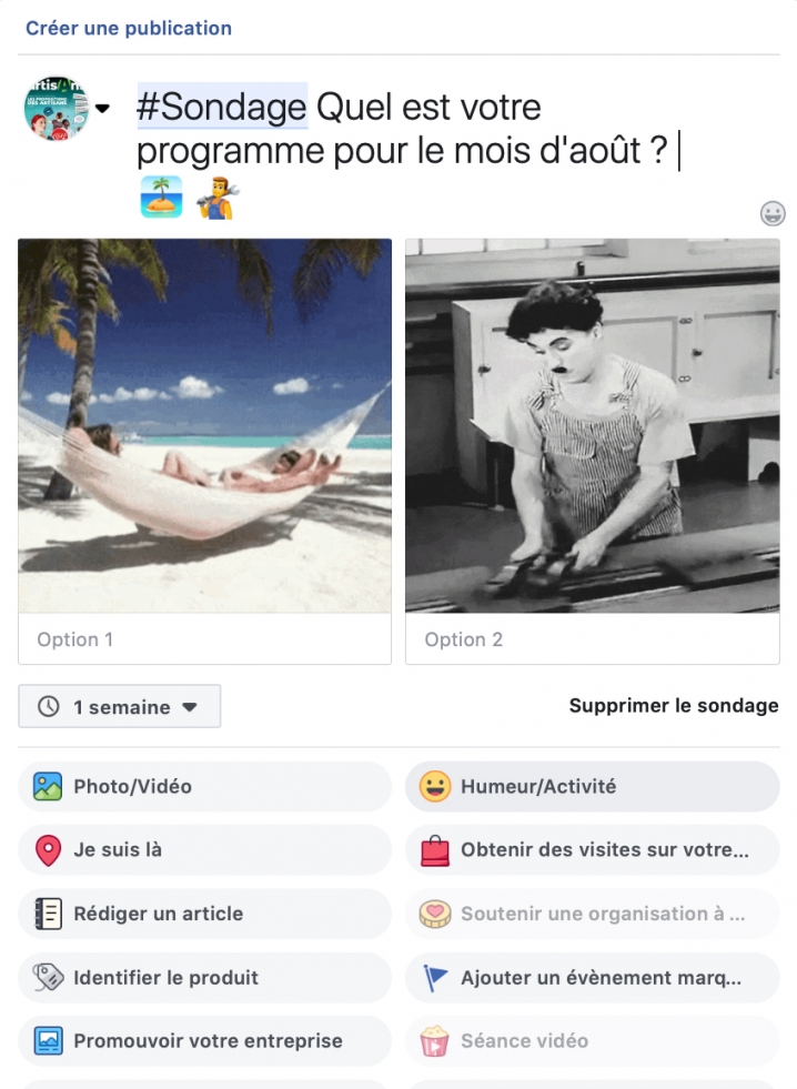 Exemple de sondage simple sur Facebook autour du thème "quel est votre programme pour les vacances" ? Plage ou travail ?