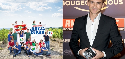 photo de groupe des salariés de l'entreprise Bioviva et portrait de son fondateur, Jean-Thierry Winstel